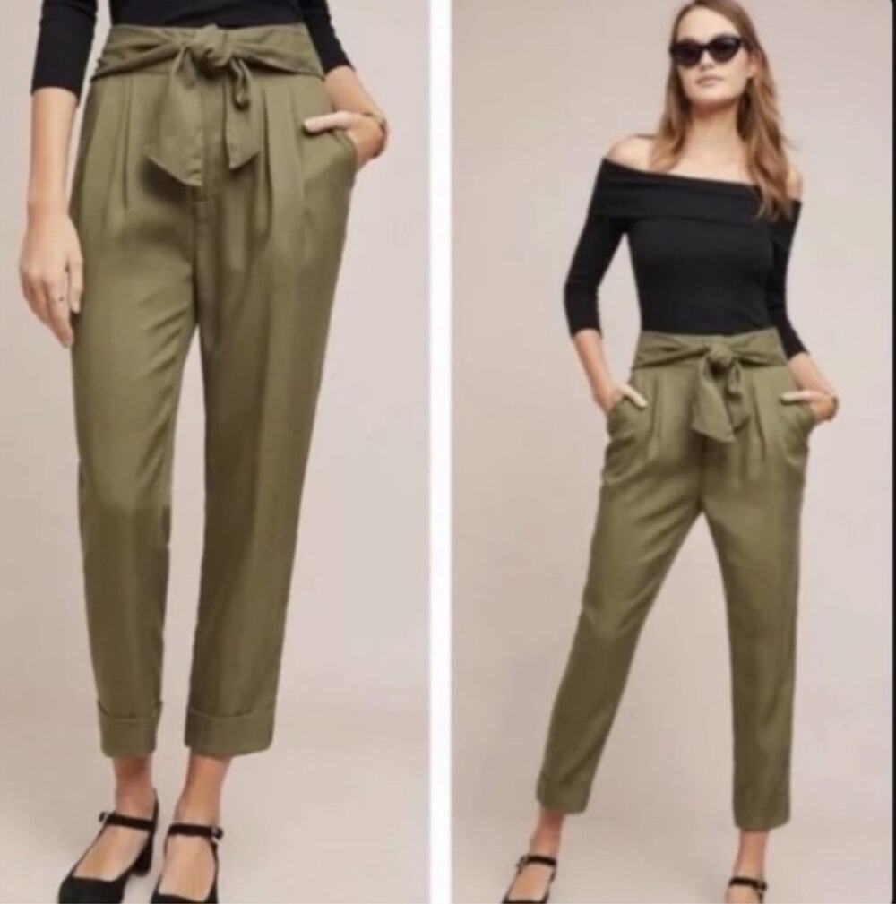 Cartonnier Pants by Anthropologie Kingsley Womens 14 Moss Tie Waist Professional